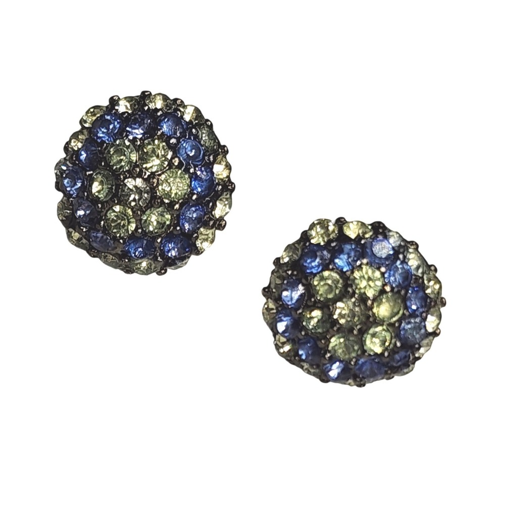 Vintage Blue Green Pave Crystal Dome Stud Earrings Gunmetal Tone Glam Jewelry